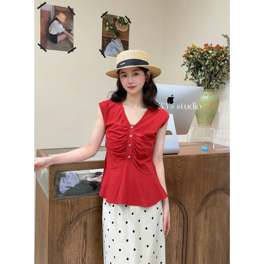 显瘦荷叶边V领衬衫褶皱短款小众夏季法式气质洋气上衣