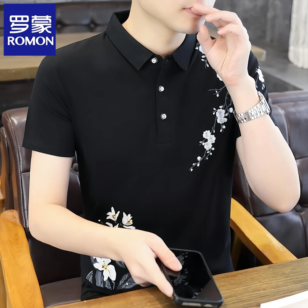 罗蒙新款印花短袖T恤男士夏季高端polo衫时尚韩版百搭翻领上衣潮