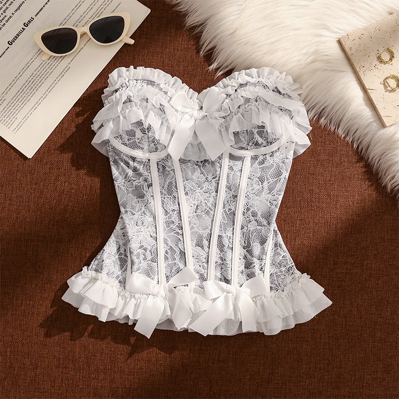 荷叶边蕾丝吊带背心女夏外穿性感修身显瘦设计感一字肩抹胸上衣