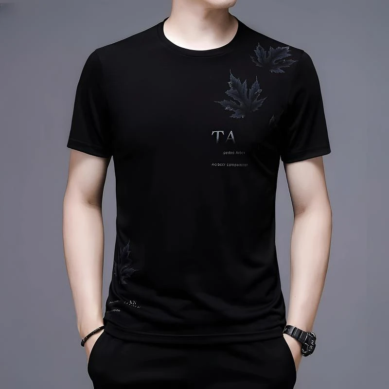 高端品牌男士冰丝短袖t恤轻奢痞帅男装夏天新款高级男装潮流上衣