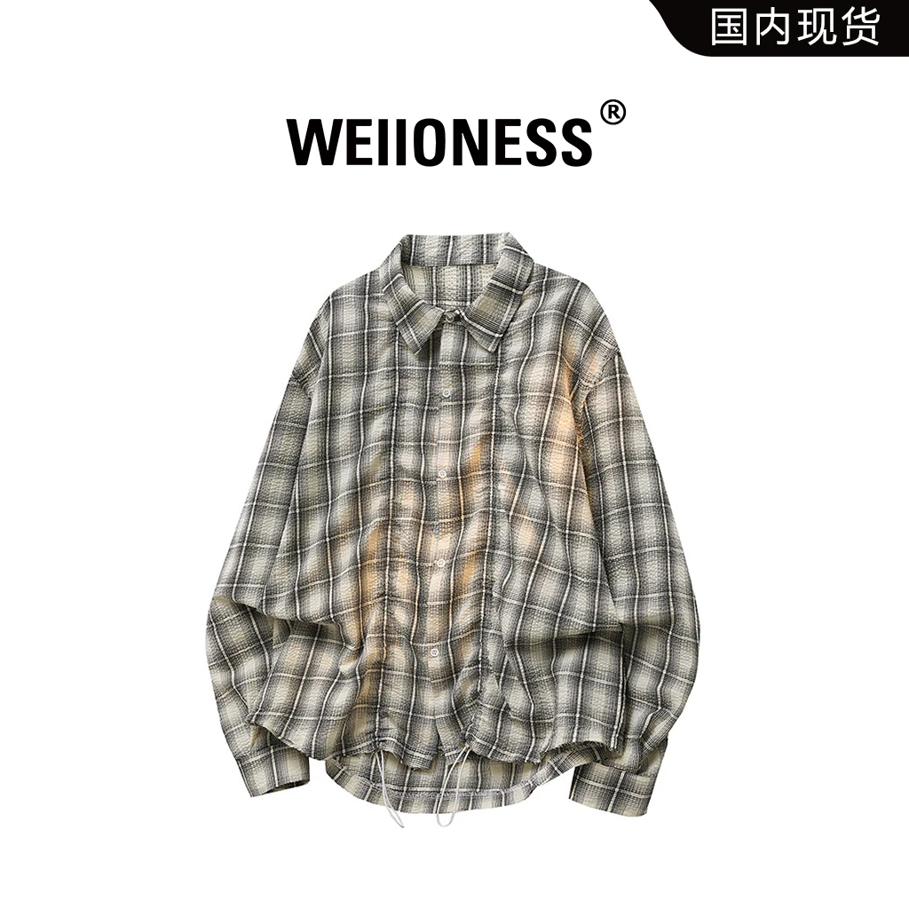 WEIIONESS美式格子长袖衬衫男士秋冬季新款宽松休闲百搭纯棉衬衣
