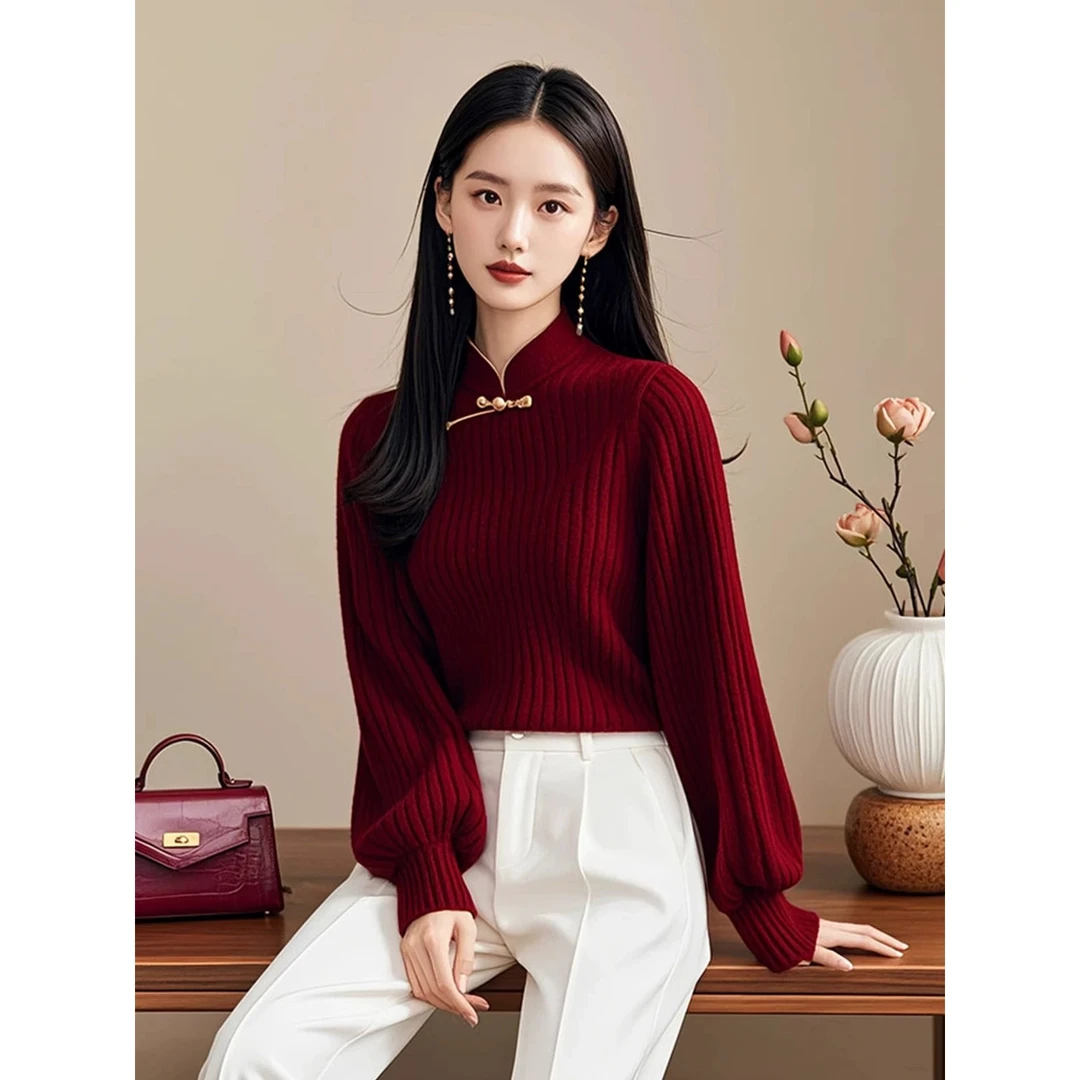 高级感独特超好看新中式轻国风安克拉红盘扣立领女针织衫上衣