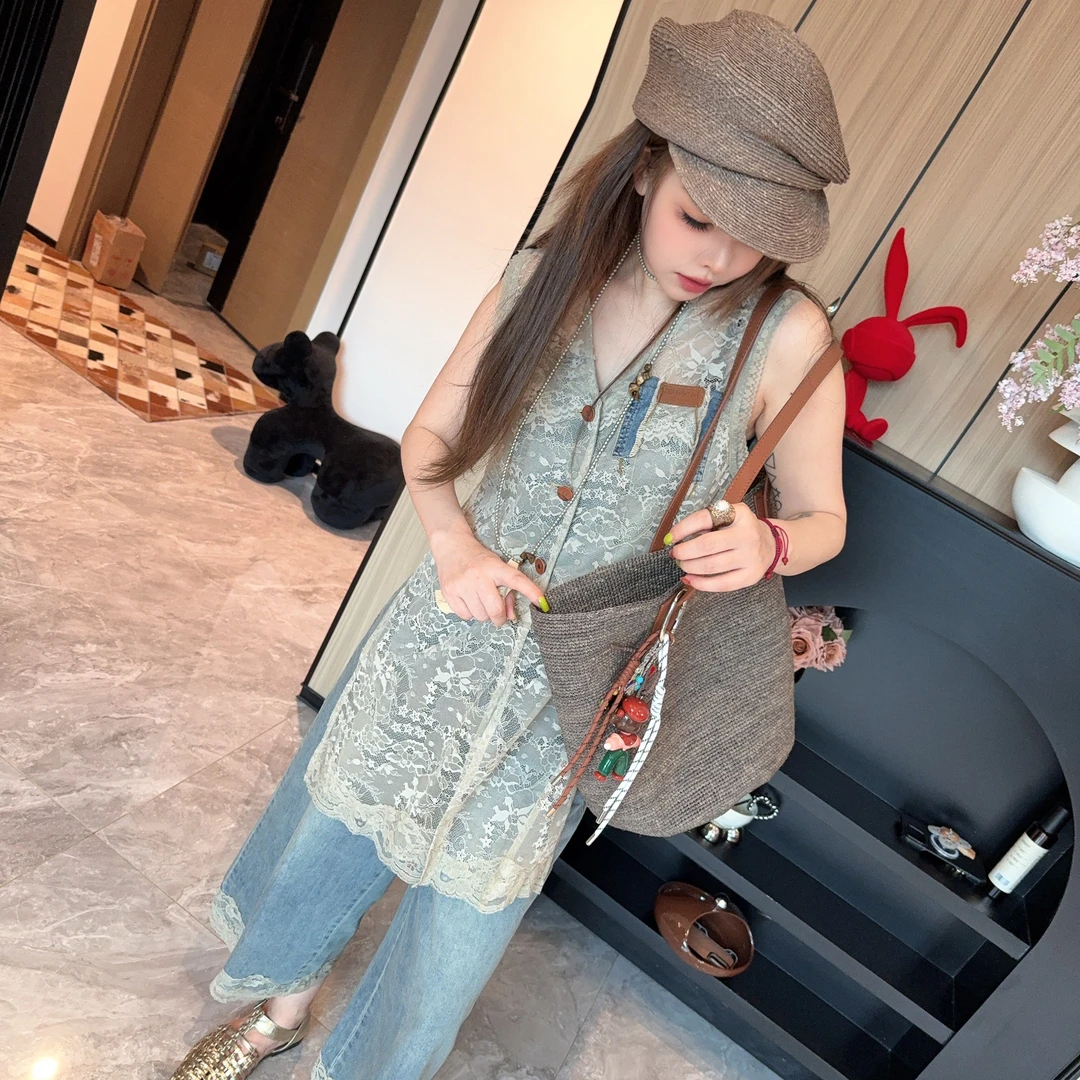 【丽丽推荐】夏款柔美软牛仔拼接蕾丝套装