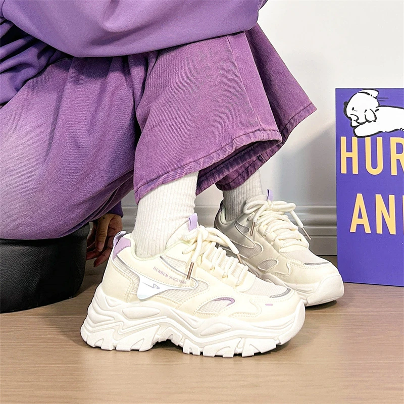 人本厚底老爹鞋女2025新款秋季网面透气运动鞋小个子复古休闲鞋