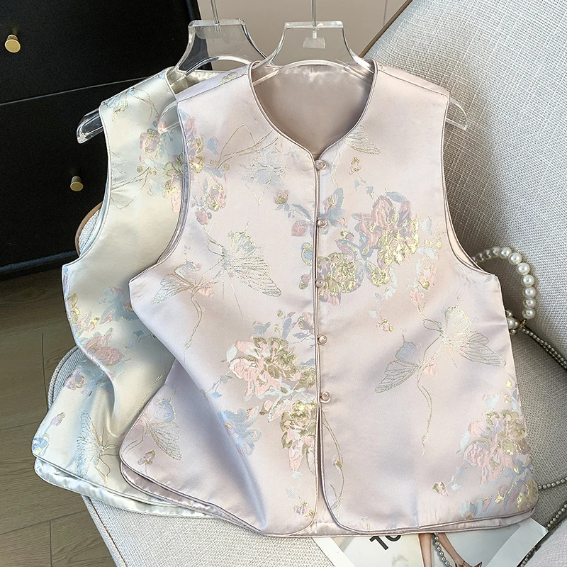 中国风提花醋酸缎面马甲背心女2025春新中式盘扣圆领坎肩马褂上衣