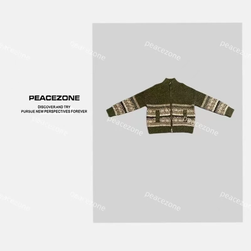 Peacezone 进口100绵羊毛 复古拼色高克重双拉链毛衣外套/7600