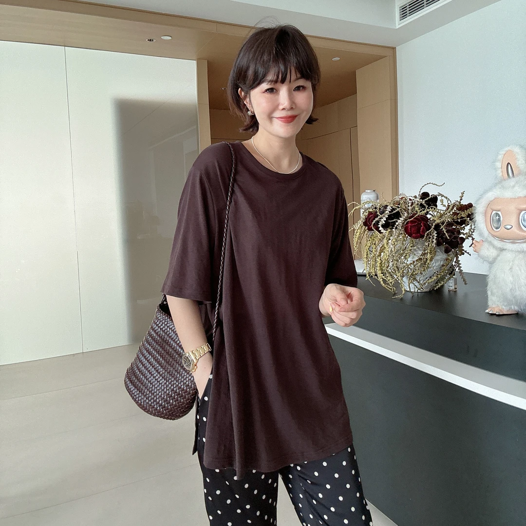 极简风设计休闲宽松百搭纯色侧开叉圆领短袖T恤