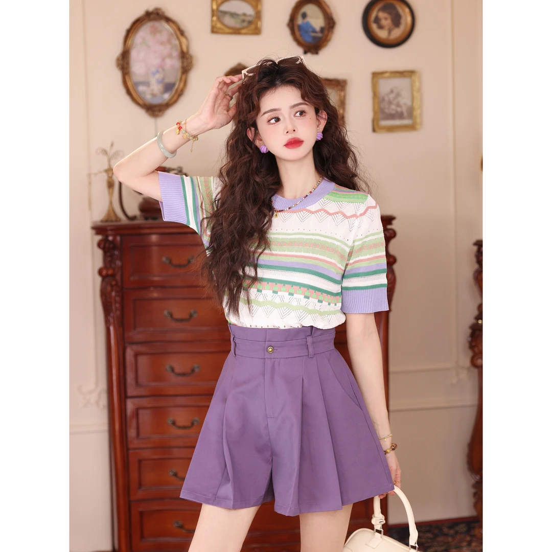 陈大器【时光手账】港风复古条纹夏季短袖针织T恤休闲上衣JC1988623