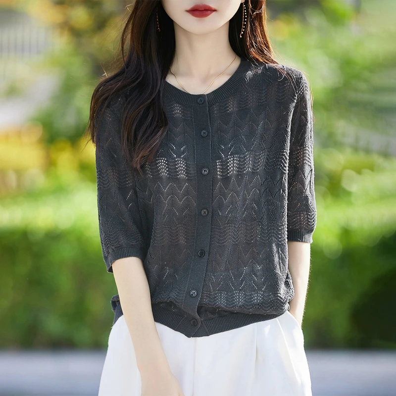 哥弟阿玛施正品镂空钩花针织短袖开衫女五分袖T恤宽松半袖上衣女