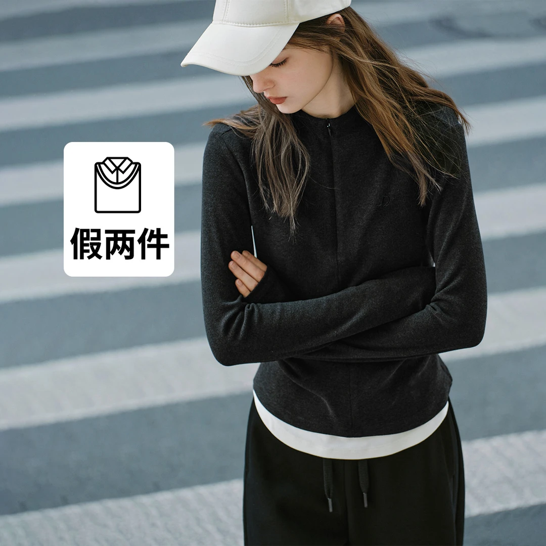 [假两件]navigare意大利小帆船拉链半开领长袖T恤女修身针织上衣