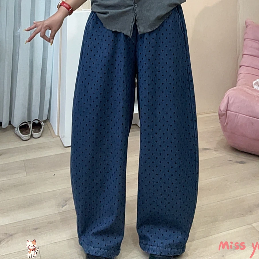 953秋冬新款加绒加厚蓝色点点牛仔长裤女