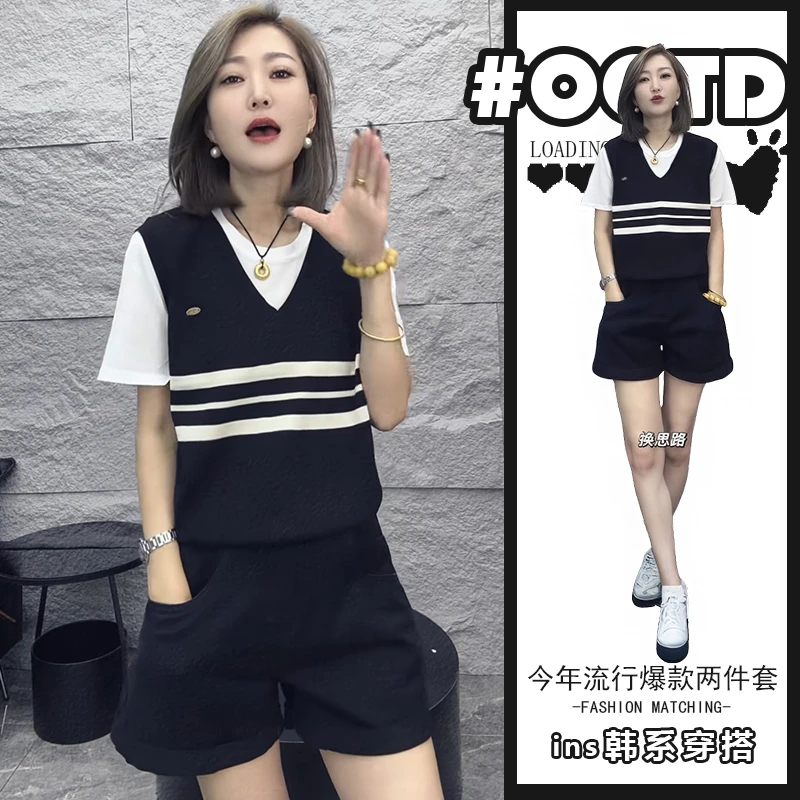 松弛感穿搭套装女夏季设计感别致假两件短袖上衣高腰显腿长短裤潮