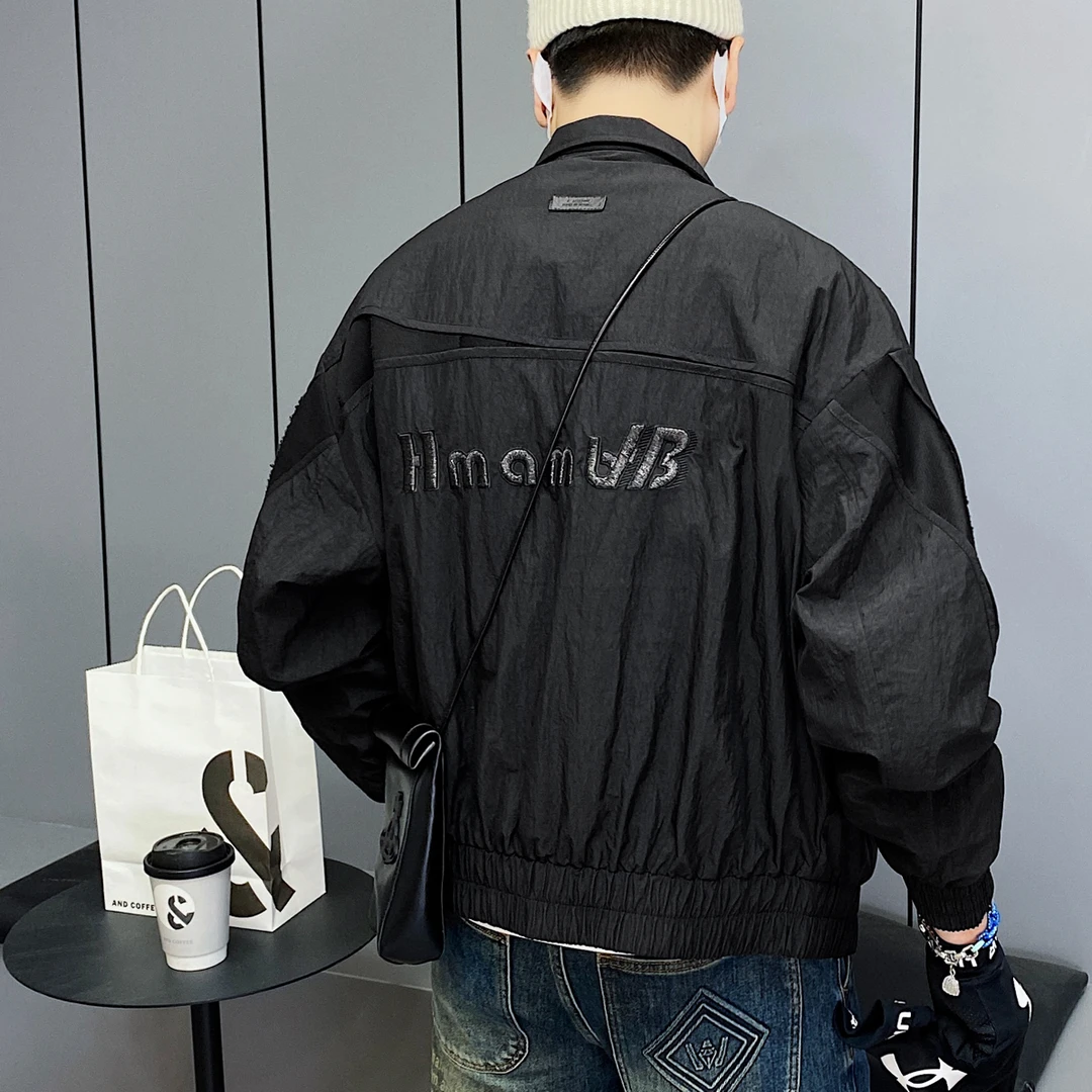 收口袖橡筋下摆刺绣拼接加棉夹克外套秋季百搭男士潮流帅气立领