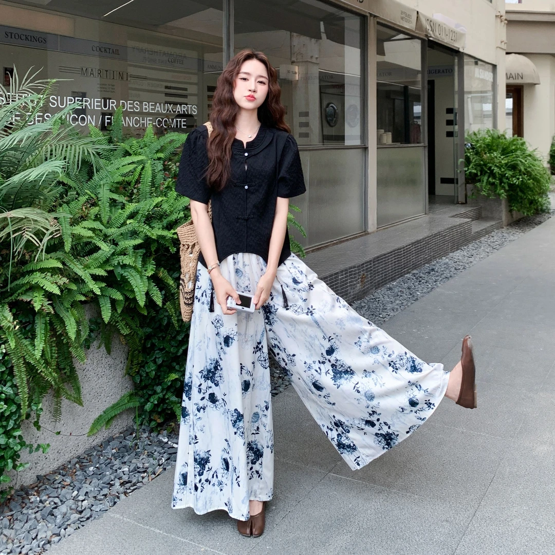 新中式国风气质套装裤女2025夏季新款盘扣流苏上衣晕染裙裤两件套