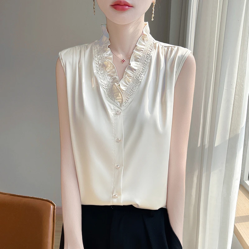 新款法式V领木耳花边背心丝滑缎面无袖衬衫气质内搭打底叠穿上衣