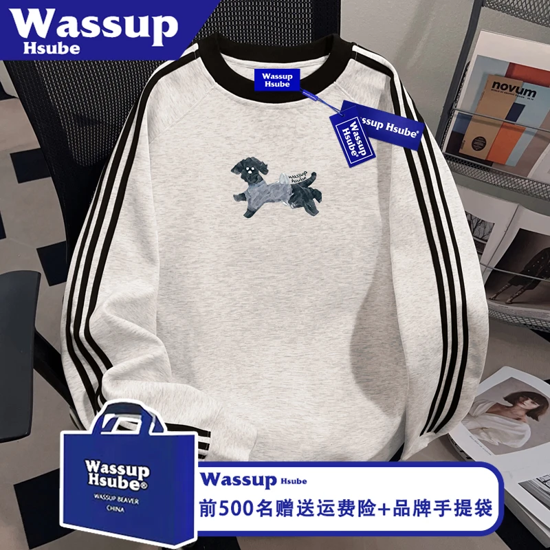 WASSUP HSUBE创意卡通印花上衣ins秋冬季男女同款T恤100%纯棉长袖