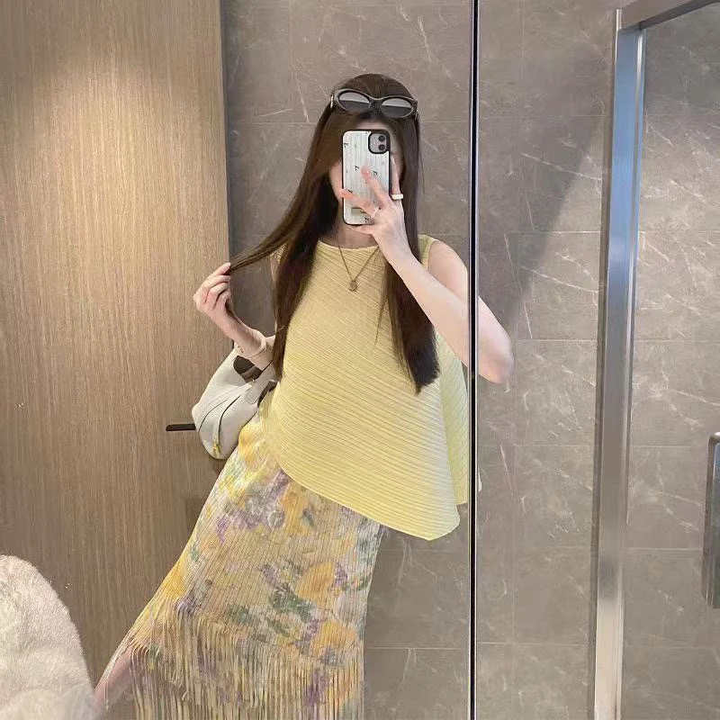 鑫蒂故事褶皱不规则无袖背心褶皱流苏半裙