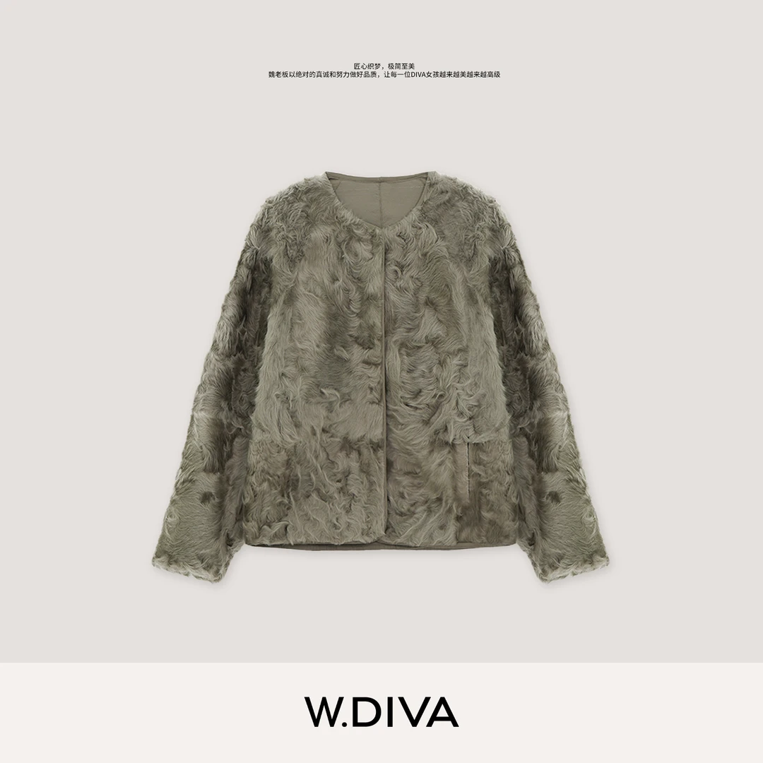 W.Diva【弗罗里达】棕榈灰时尚稀缺小湖羊皮毛一体外套女4C0922102