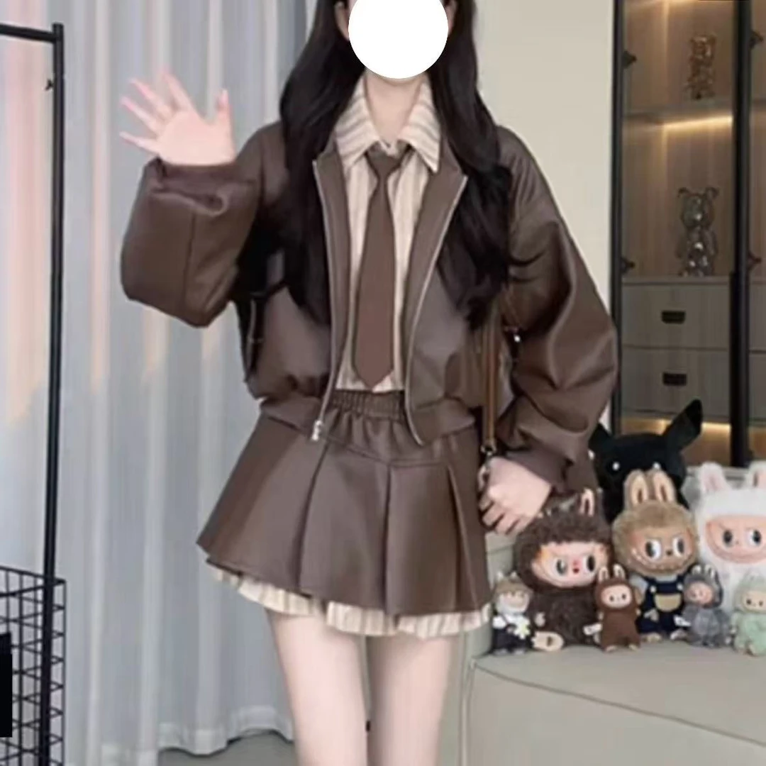 【运补6-8】秋冬季设计感衬衫拼接皮衣外套显瘦半身裙三件套