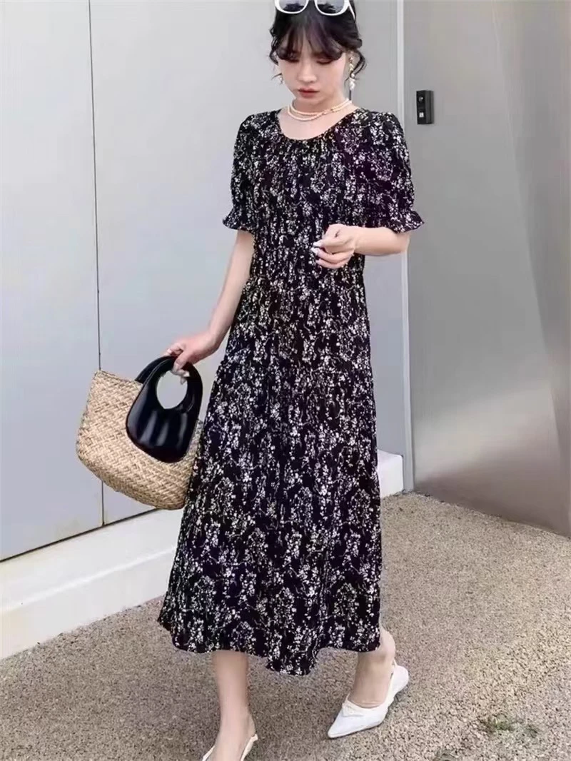 2025爆款大码短袖碎花连衣裙，天丝雪纺垂感显瘦气质长款时尚裙子