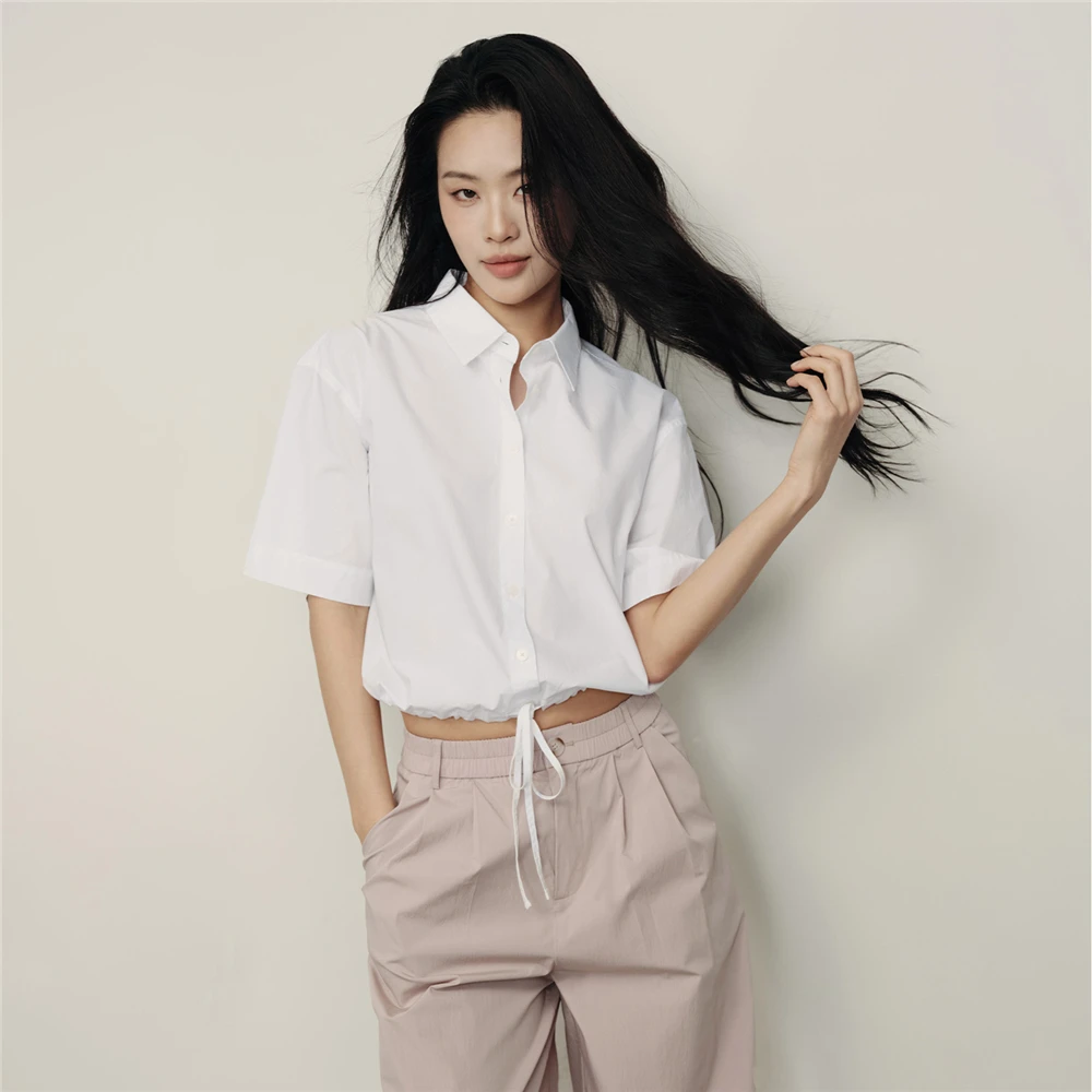 【韩国明星同款】佐丹奴女装抽绳下摆短款宽松短袖衬衫05345499