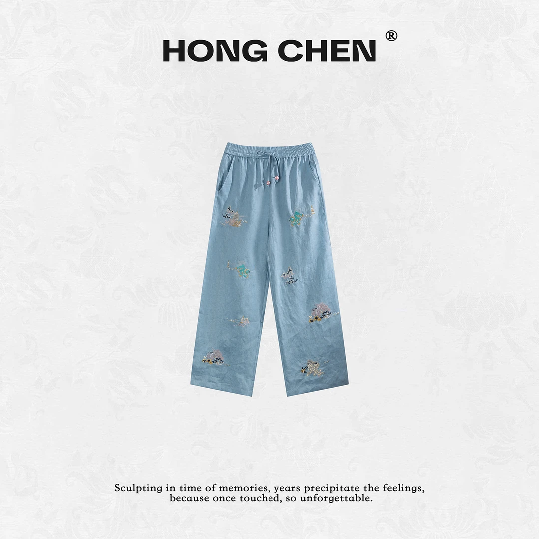 【虹辰】高端时尚清新优雅彩色刺绣舒适百搭高级感亚麻休闲裤HC2583