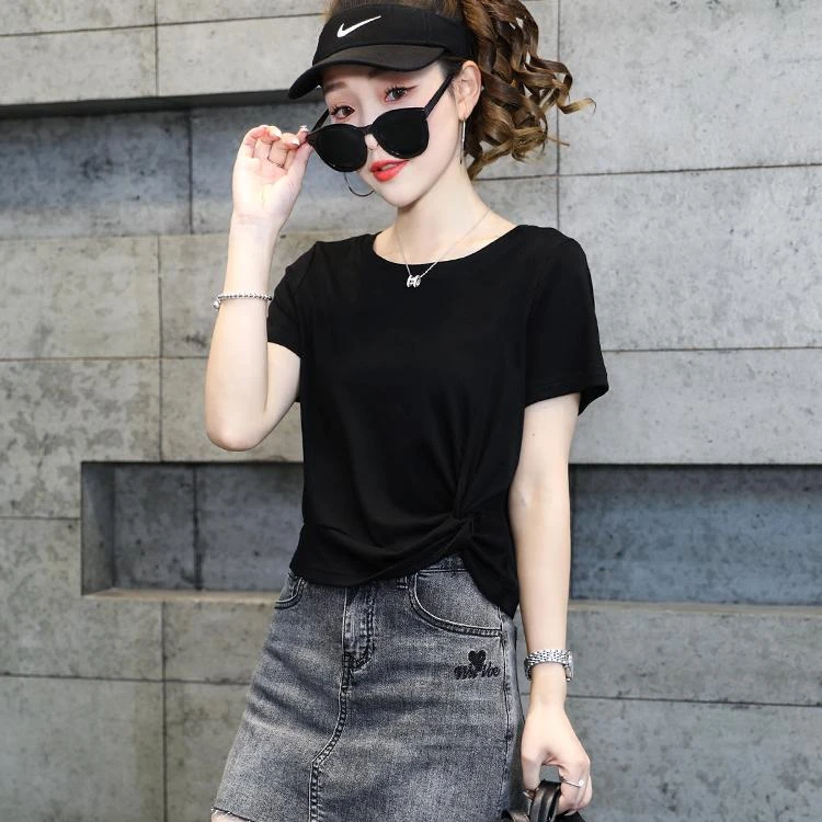 黑色短袖T恤女装2025夏季新款短款修身不规则褶皱体恤设计感上衣