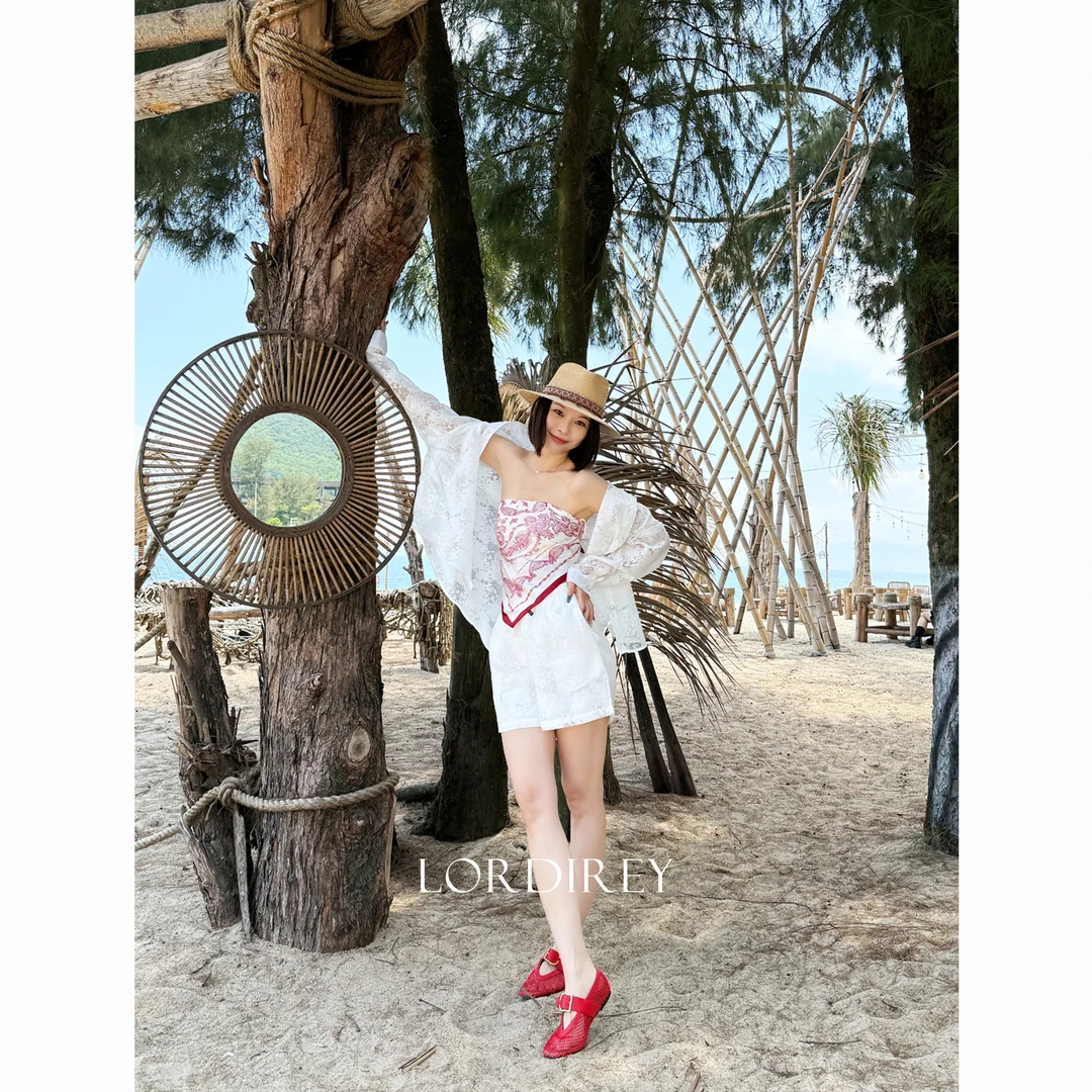 LORDIREY【椰云飘香】夏季法式镂空白色衬衫+松紧腰休闲套装653014