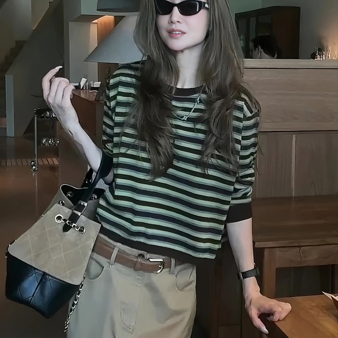 美式条纹圆领长袖t恤女装2025新款春秋季内搭打底衫超火减龄上衣