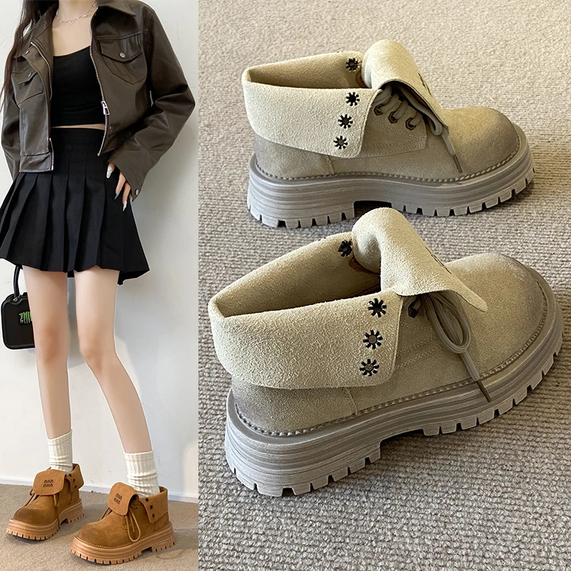 时尚复古女靴2025新款套脚厚底增高两穿女英伦风百搭舒适女靴