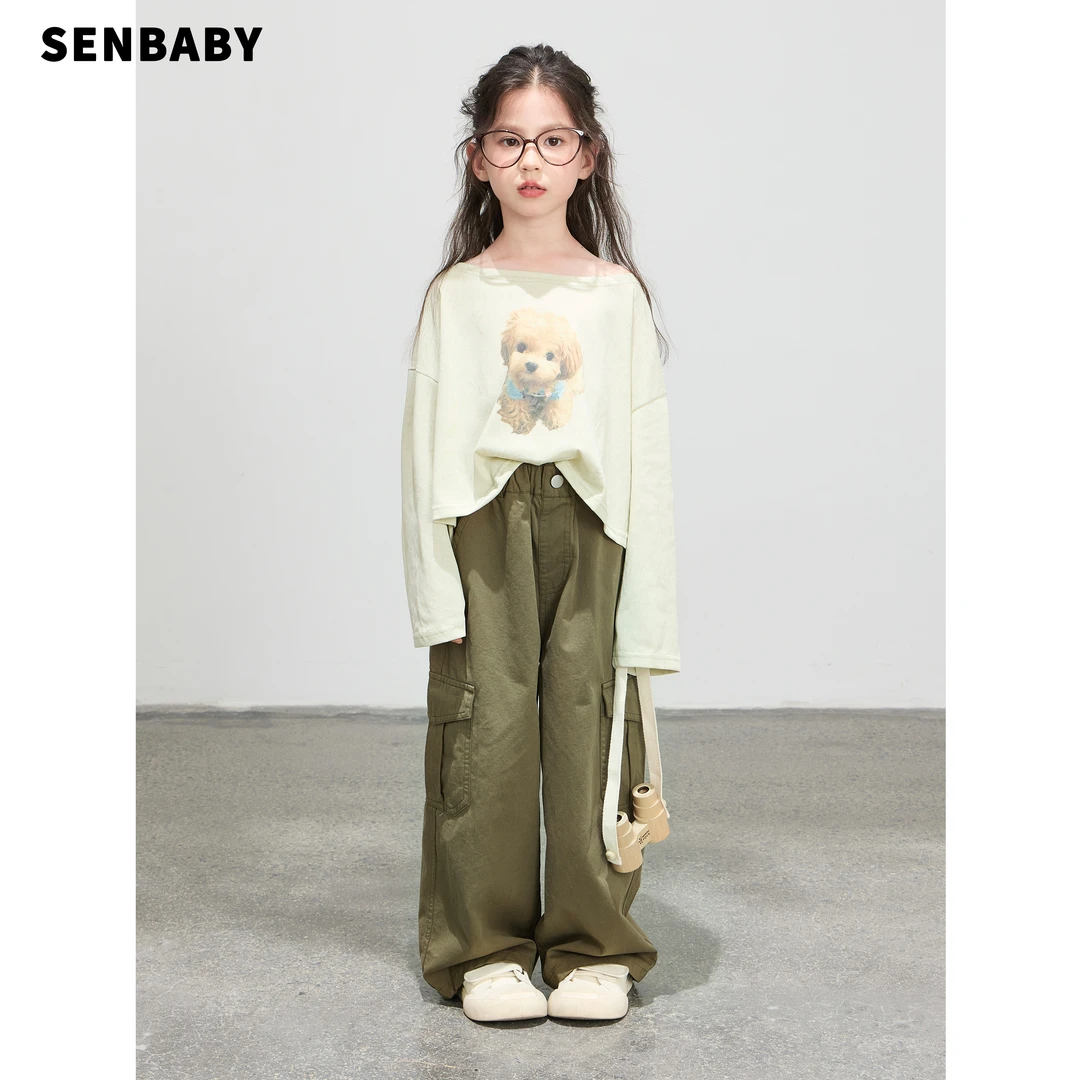 【现货】senbaby女童印花长袖T恤新款可爱小狗印花T上衣泰迪狗T恤