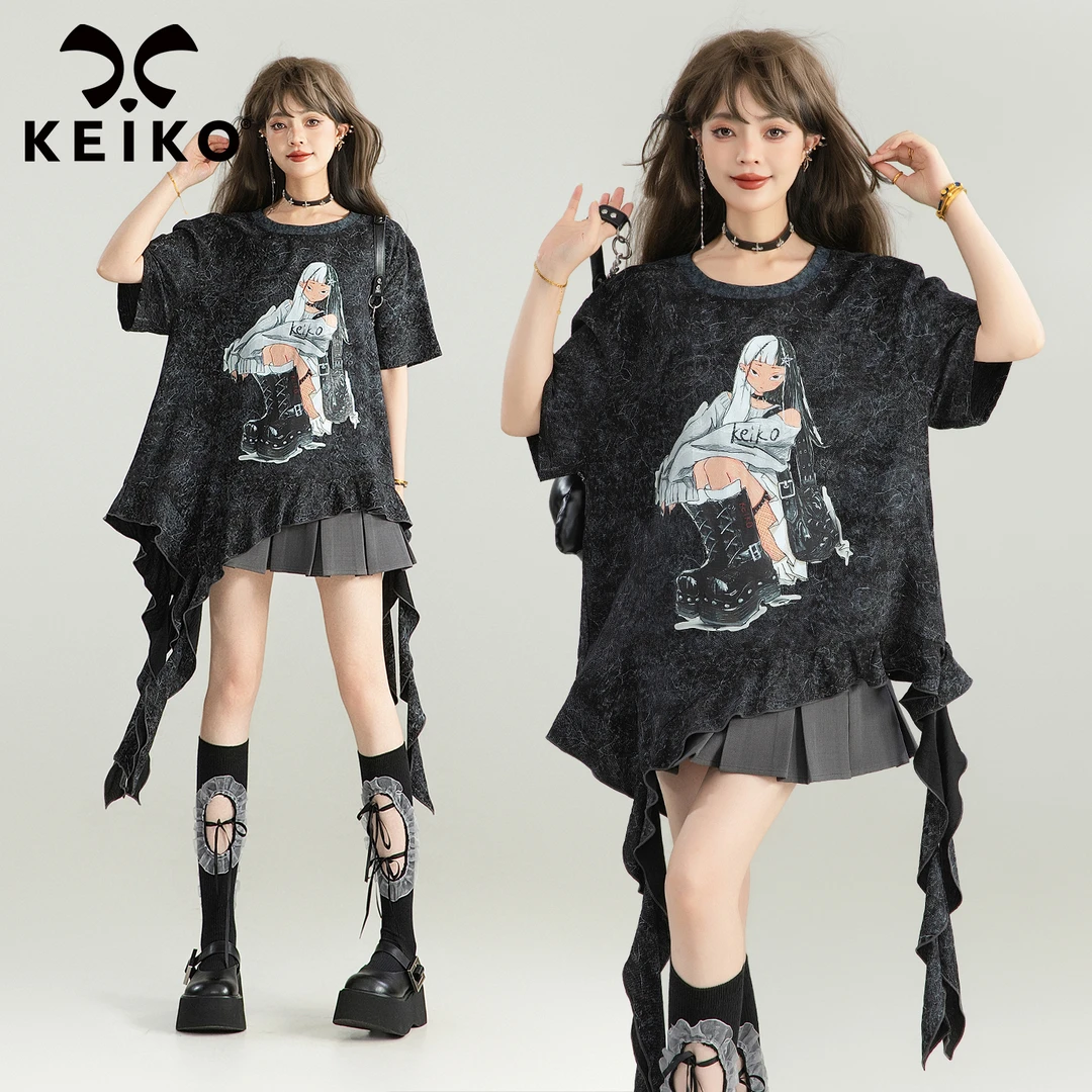 KEIKO 日系做旧感不规则短袖t恤女25新款千禧辣妹波浪荷叶边上衣