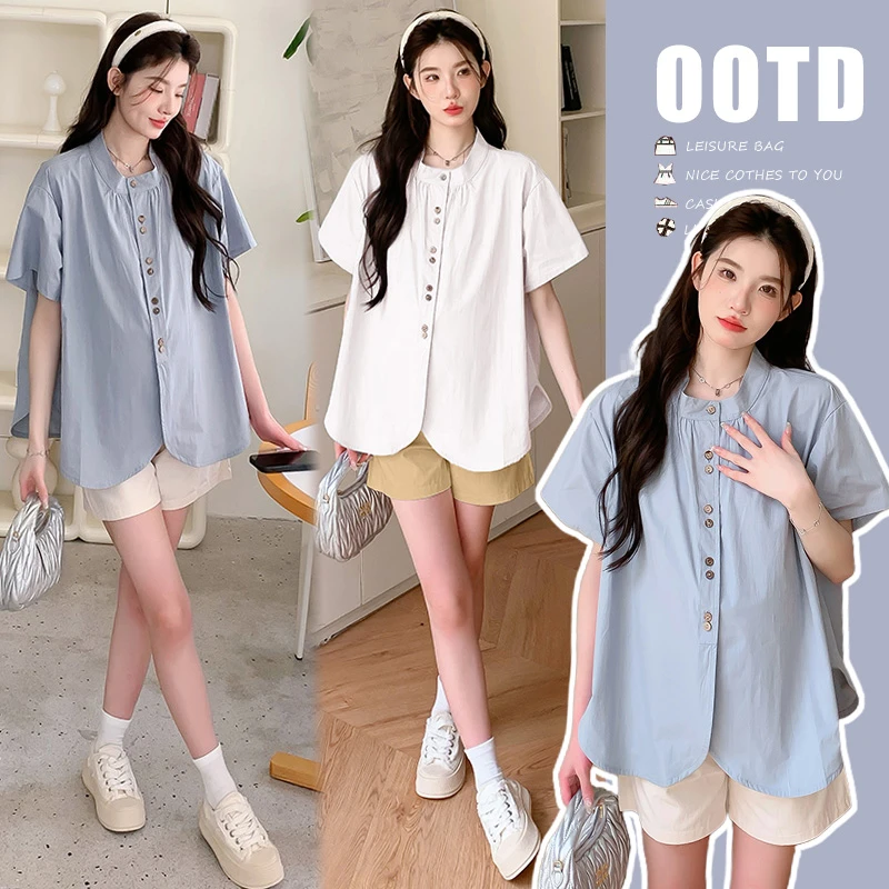 孕妇装夏装上衣2025新款韩版时尚小立领气质宽松百搭孕妈短袖衬衫