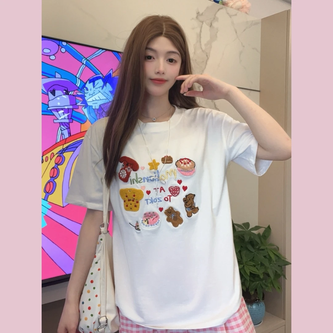 【兔毛羊专属】新款动漫卡通小熊多巴胺字母刺绣韩系甜美圆领短袖t