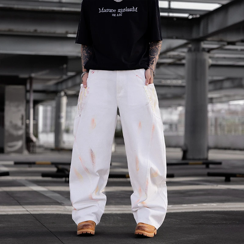 2025新款重磅宽松弯刀设计阔腿裤小众绘彩涂鸦白色牛仔裤
