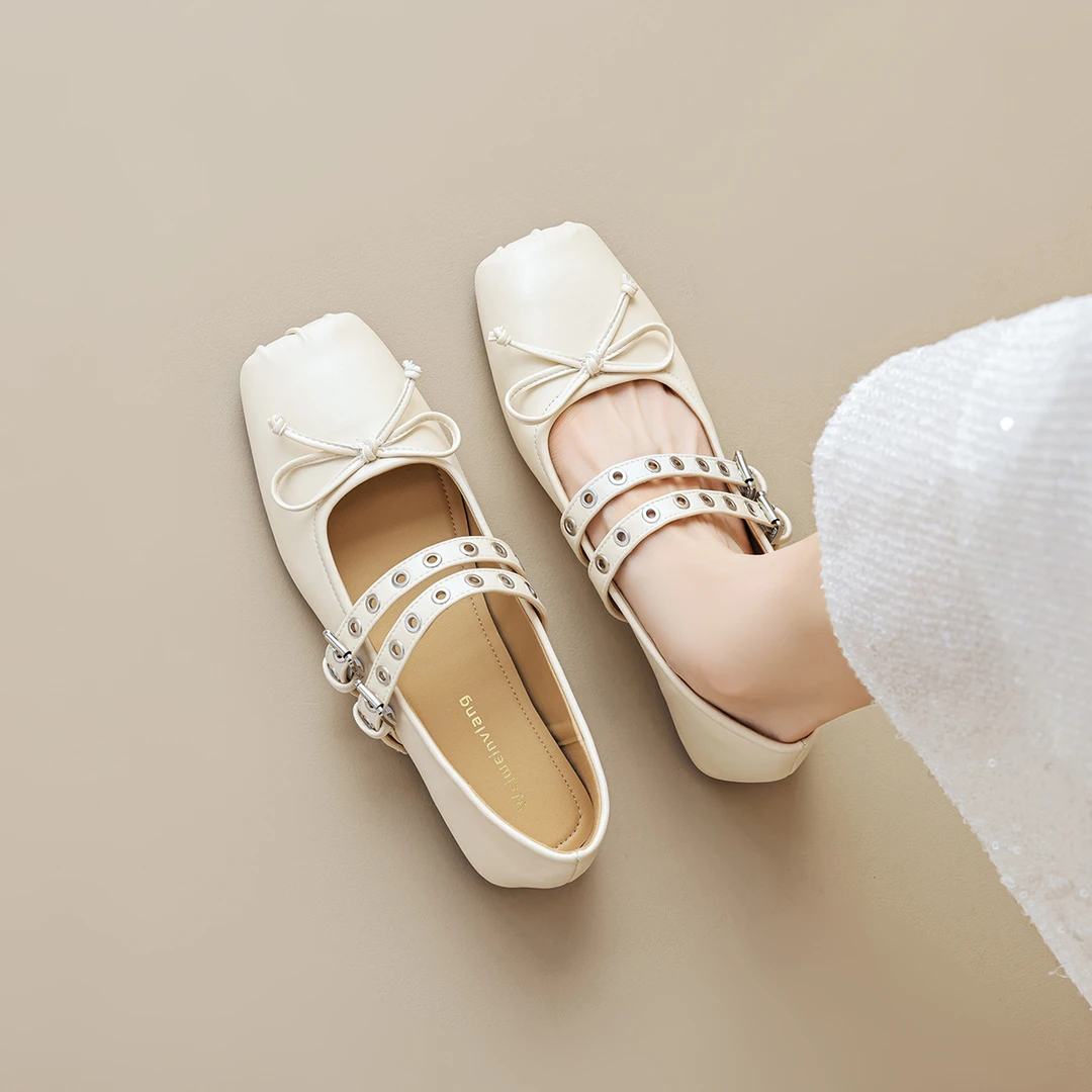 2025年春秋百搭方头单鞋女平底浅口蝴蝶结软底芭蕾鞋一字带玛丽珍