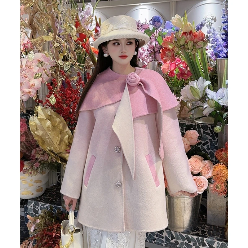 【白玉海棠】2025原创设计渐变粉色双面羊毛大衣女双面昵外套