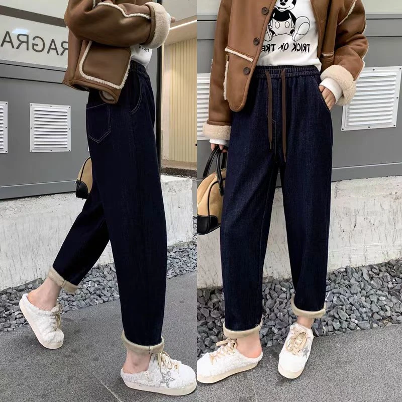 81389加绒哈伦牛仔裤女松紧腰新款加厚宽松显瘦九分萝卜老爹裤