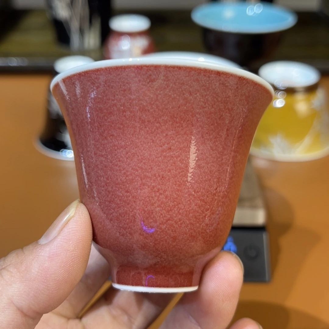 豇豆红 手工主人杯 高温单色釉