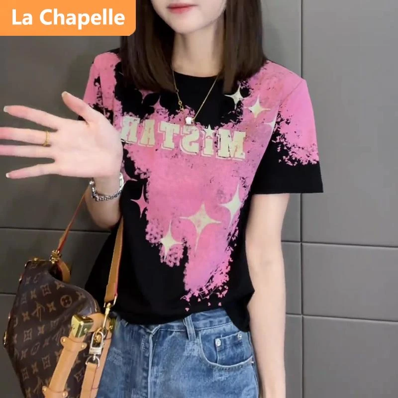 拉夏贝尔潮牌印花短袖t恤女2025新款夏季时尚洋气正肩短款上衣女