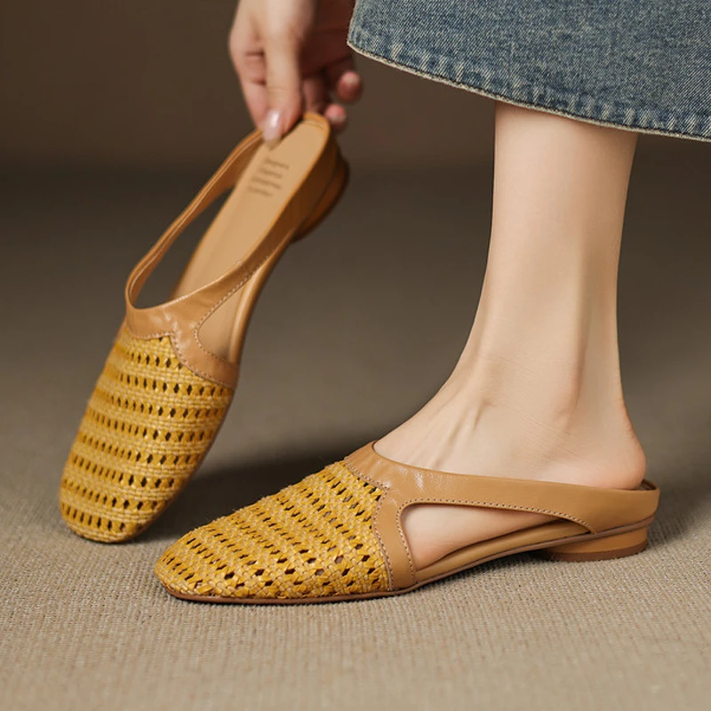 真皮半拖鞋法式镂空女士流行款鞋子轻奢百搭编织包头拖鞋女鞋外穿