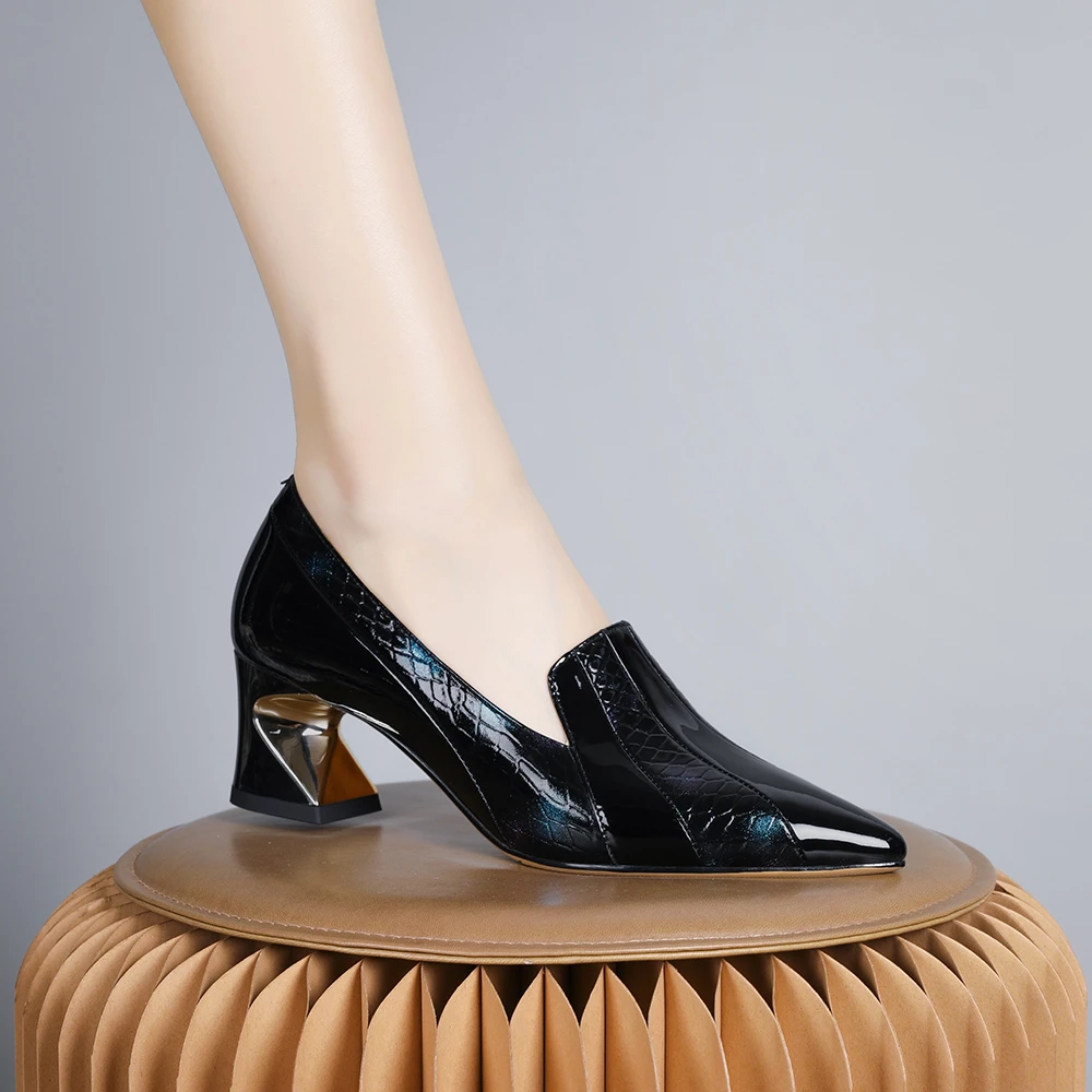 妮彩诗2024年新款欧美小众设计师简约真皮粗跟单鞋巨好穿女鞋1769