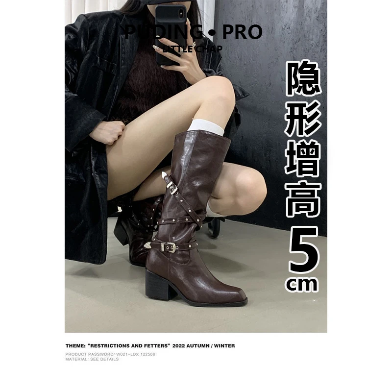 真皮版~时尚尖头西部牛仔女长靴秋冬气质铆钉小众皮带扣高筒长靴