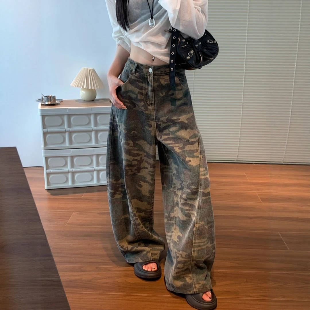 迷彩色水洗棉工装裤女秋季2025宽松新款高腰窄版阔腿牛仔弯刀长裤