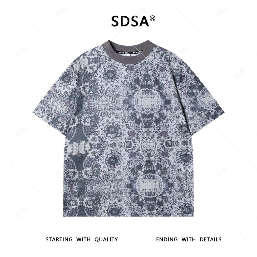 SDSA夏季新款男士痞帅撞色抽象图案短袖T恤小众设计百搭时尚上衣