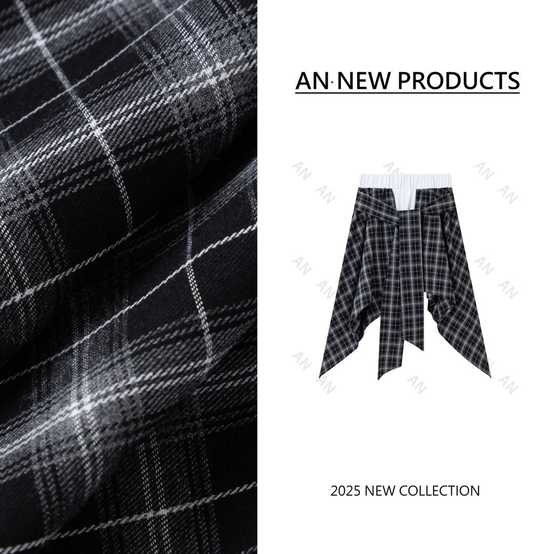 C04308时尚设计感小众显瘦阔腿短裤拼接不规则格子休闲裤裙