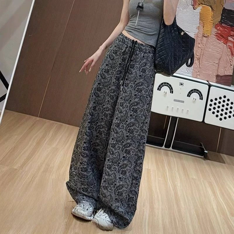 复古腰果印花2025夏季冰麻纱高腰抽绳休闲薄款阔腿裤