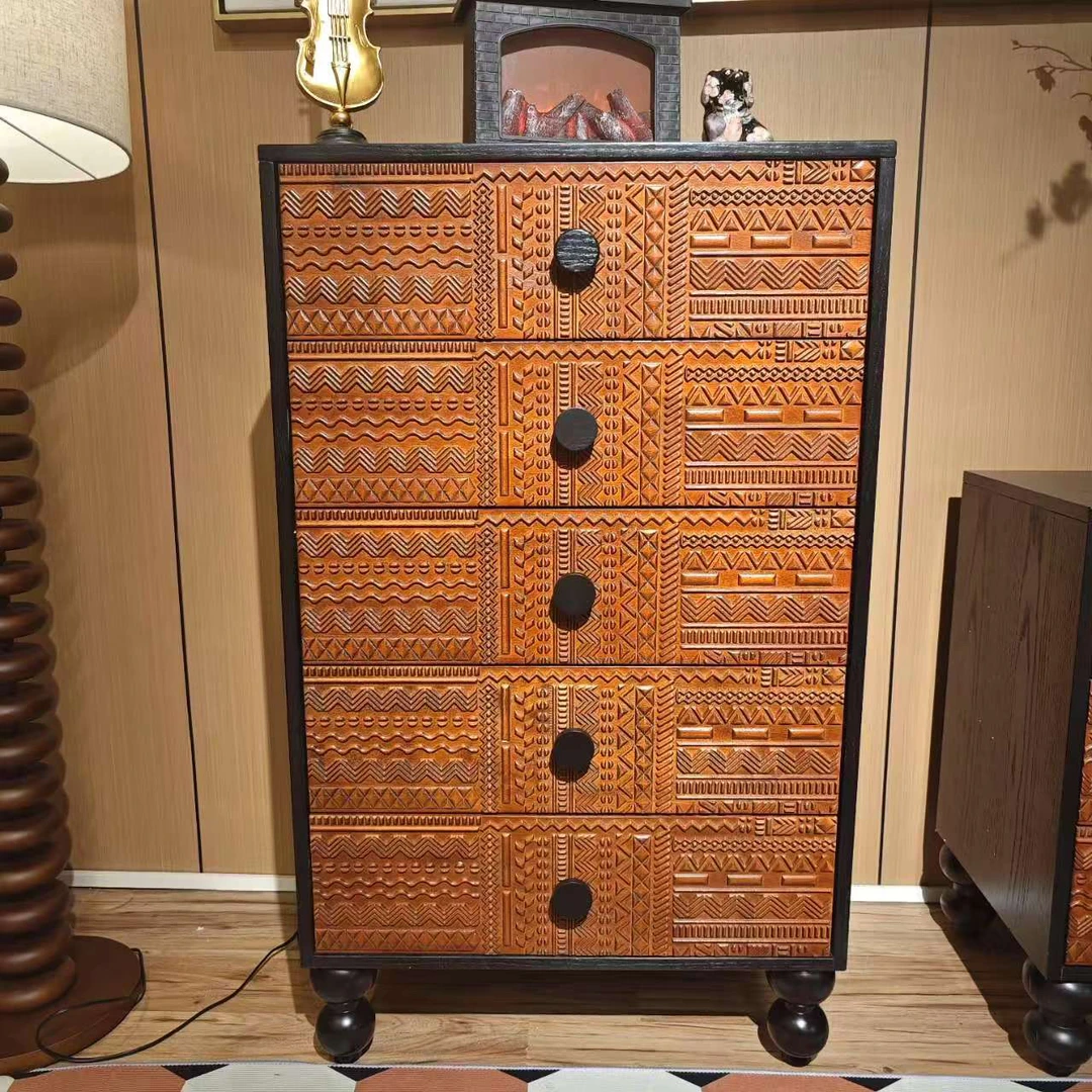 新中式中古设计雕花三/五斗柜卧室简约轻奢装饰收纳柜