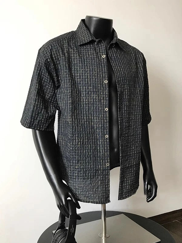 肌理感泡泡纱短袖衬衫男夏季墨蓝色格纹衬衣短袖叠穿半袖情侣外套