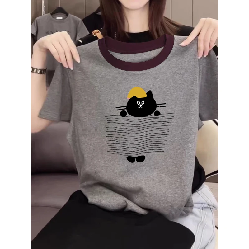 2025新款正肩纯棉短袖t恤女ins休闲百搭插色洋气撞色灰色上衣夏季